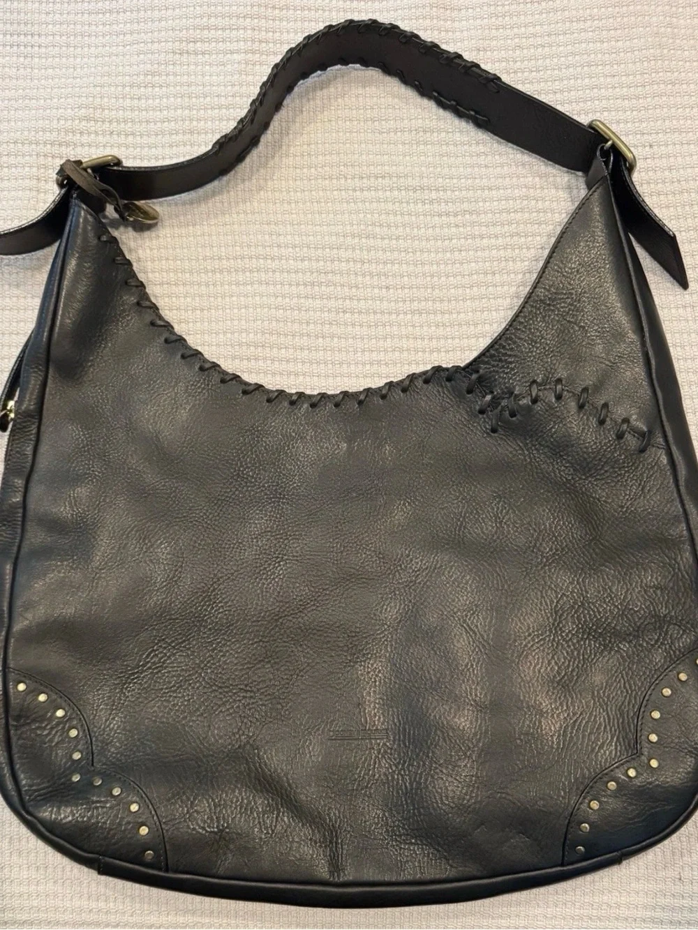 Dooney & Bourke Vintage Black Leather Whipstitch Studded Large Hobo Bag